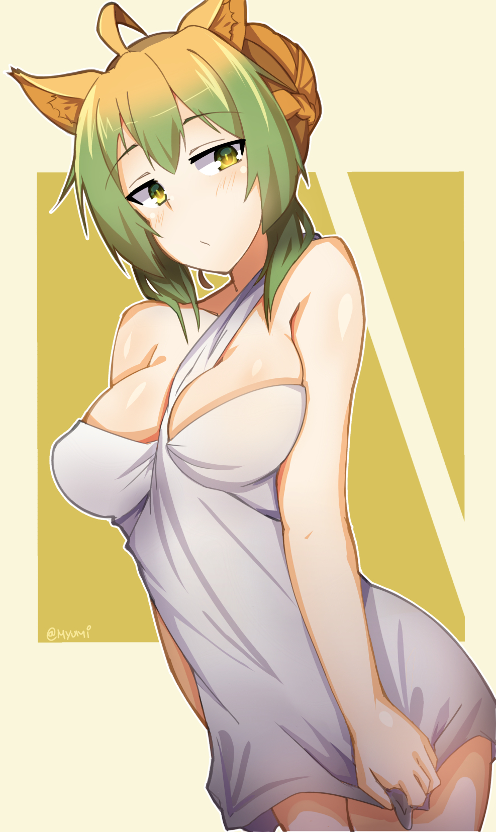 1girl ahoge animal_ears archer_of_red bangs bare_arms bare_shoulders between_breasts blush breasts bright_pupils closed_mouth cowboy_shot dress dutch_angle eyebrows_visible_through_hair fate/apocrypha fate_(series) gradient_hair green_eyes green_hair highres large_breasts looking_at_viewer multicolored multicolored_eyes multicolored_hair myumi slit_pupils solo standing toga twitter_username white_dress yellow_eyes