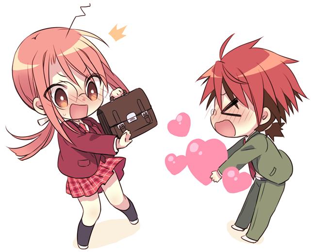 1boy 1girl ahoge bag black_legwear blush brown_eyes chibi glasses harmonia hasegawa_chisame heart long_hair low_ponytail mahou_sensei_negima! necktie negi_springfield orange_hair redhead school_uniform skirt spoilers uq_holder!