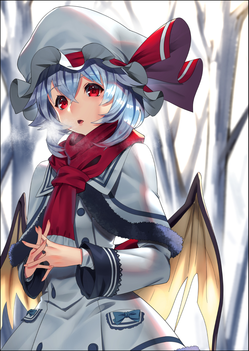 1girl alternate_costume bat_wings blue_hair breath buttons capelet coat cold day fingernails hair_between_eyes hat hat_ribbon interlocked_fingers long_sleeves looking_at_viewer outdoors red_eyes red_ribbon red_scarf remilia_scarlet ribbon scarf solo sukocchi touhou tree upper_body white_hat wings winter