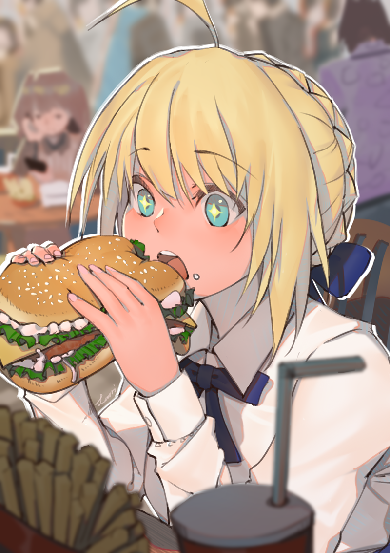 +_+ ahoge artoria_pendragon_(all) blonde_hair blue_bow blue_eyes blue_ribbon blurry blurry_background bow chair commentary_request cup dress eating eyebrows_visible_through_hair fate/stay_night fate_(series) food food_on_face french_fries hair_bun hair_ribbon hamburger holding holding_food lanzi_(415460661) ribbon saber short_hair sitting solo_focus white_dress