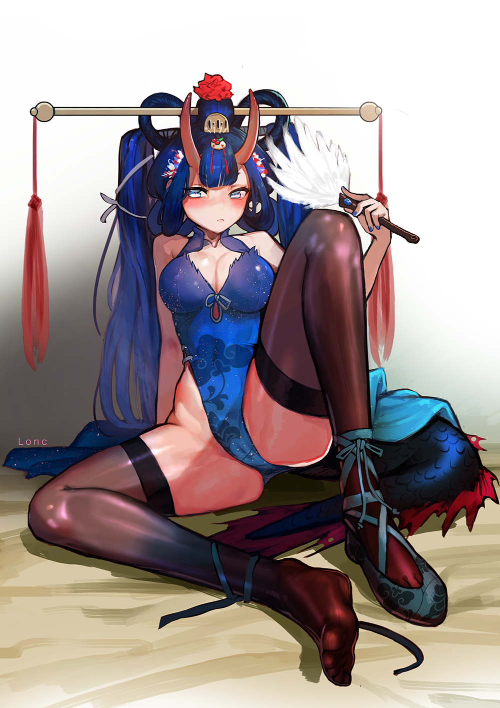 1girl bad_id bad_pixiv_id bangs black_legwear blue_hair blue_leotard blush breasts cleavage closed_mouth dragon_tail fan hair_rings highleg highleg_leotard highres holding holding_fan horns knee_up large_breasts leotard loncspace long_hair looking_at_viewer oni_horns original shoes single_shoe sitting solo tail thigh-highs thighs toes twintails very_long_hair