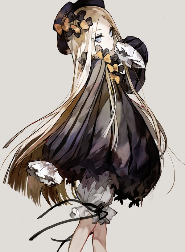 1girl black_bow black_dress black_ribbon blonde_hair blue_eyes bow character_request closed_mouth dress dress_bow eyebrows_visible_through_hair fate/grand_order fate_(series) feet_out_of_frame frilled_sleeves frills from_side gothic_lolita grey_background hair_bow hand_up hands_in_sleeves hat lolita_fashion long_hair long_sleeves looking_at_viewer mo_(mocopo) orange_bow ribbon solo too_many_bows