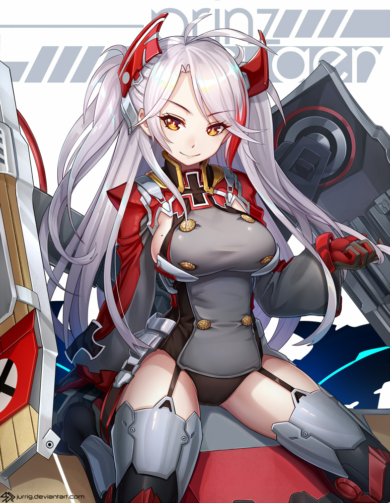 1girl antenna_hair azur_lane bangs black_gloves black_leotard blush breasts character_name closed_mouth flight_deck garter_straps gloves headgear highlights iron_cross jurrig large_breasts leotard long_hair long_sleeves looking_at_viewer mole mole_on_breast multicolored_hair prinz_eugen_(azur_lane) red_gloves redhead revision rigging sideboob sidelocks silver_hair sitting smile solo swept_bangs thigh-highs tsurime two_side_up watermark web_address yellow_eyes