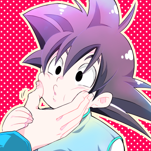 1boy black_eyes black_hair cheek_pinching chinese_clothes dragon_ball dragonball_z hands looking_away lowres male_focus pinching red_background rochiko_(bgl6751010) short_hair simple_background son_goten spiky_hair white_background