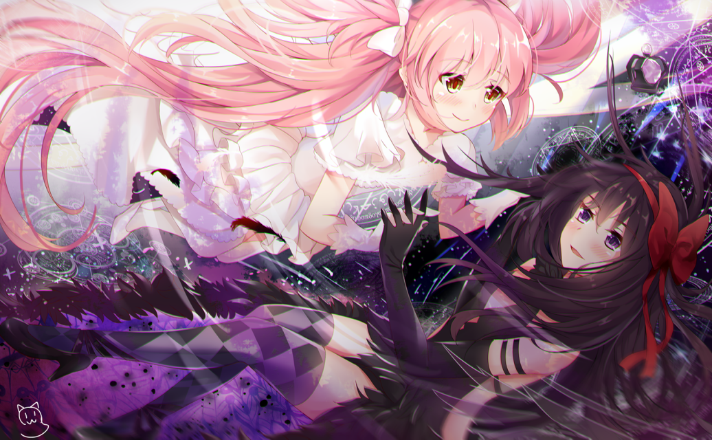 2girls akemi_homura akuma_homura argyle argyle_legwear bare_shoulders black_dress black_gloves black_hair bow dress elbow_gloves frilled_dress frills gloves goddess_madoka hair_bow hair_ribbon hairband high_heels kaname_madoka long_hair magical_girl mahou_shoujo_madoka_magica multiple_girls nahaki pink_eyes pink_hair red_bow red_hairband ribbon signature thigh-highs twintails violet_eyes white_dress yellow_eyes