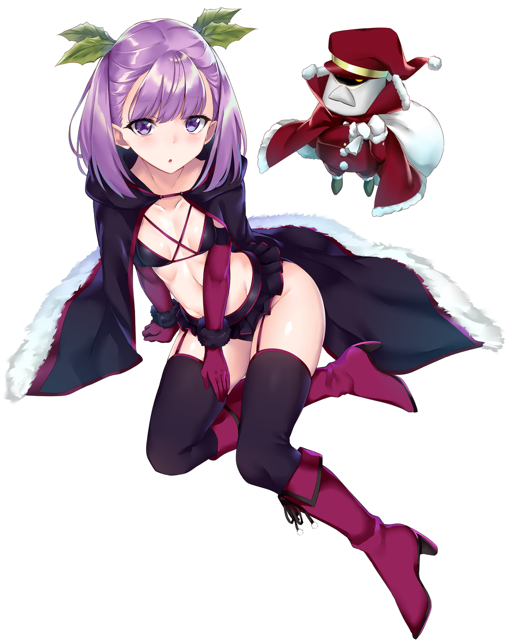 1girl :o automaton_(object) black_legwear boots breasts cape collarbone colonel_olcott_(fate/grand_order) doll fate/grand_order fate_(series) fur_trim garter_straps hat helena_blavatsky_(fate/grand_order) highres looking_at_viewer mistletoe nishimi_shin purple_hair sack santa_costume santa_hat short_hair small_breasts solo thigh-highs violet_eyes