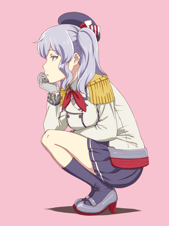 1girl blue_eyes blue_footwear blue_hair blue_skirt chin_rest collared_shirt epaulettes frilled_sleeves frills from_side full_body gloves grey_footwear grey_gloves grey_jacket grey_shirt hat high_heels ishii_hisao jacket kantai_collection kashima_(kantai_collection) long_sleeves neckerchief parted_lips pink_background pleated_skirt profile shirt shoes simple_background skirt solo squatting twintails wing_collar