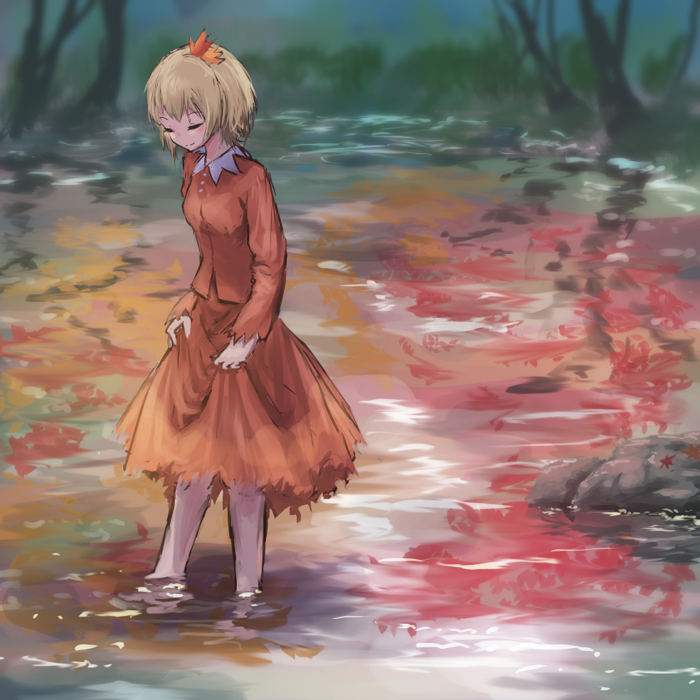 1girl aki_shizuha autumn barefoot blonde_hair blurry blurry_background brown_dress brown_skirt closed_eyes day dress from_side hair_ornament leaf_hair_ornament long_sleeves outdoors partially_submerged reflection roke_(taikodon) shadow short_hair skirt skirt_hold smile solo standing touhou wading water