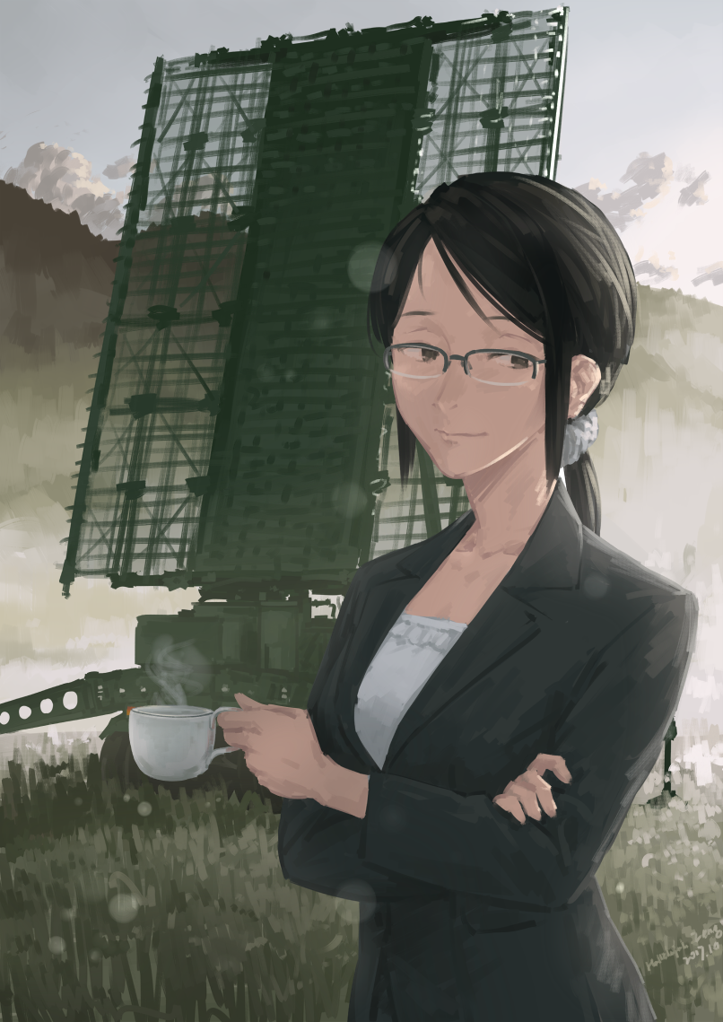 1girl black-framed_eyewear black_eyes black_hair black_jacket closed_mouth clouds crossed_arms cup day formal glasses grass hallelujah_zeng jacket original outdoors over-rim_eyewear ponytail scrunchie smile standing suit teacup