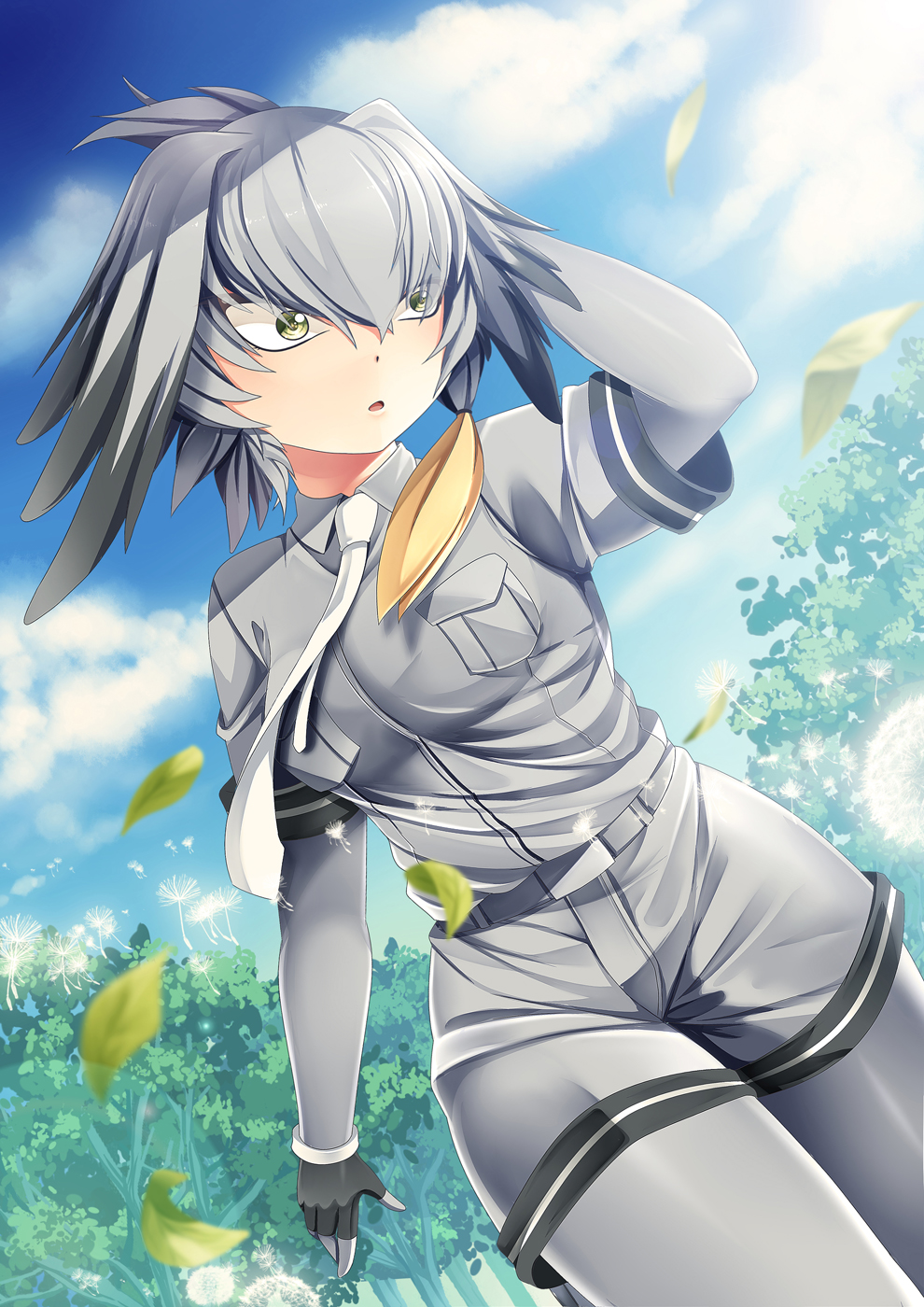 1girl bangs belt black_gloves blue_sky bodystocking breast_pocket clouds commentary_request dandelion dandelion_seed day dot_nose dutch_angle fingerless_gloves flower gloves green_eyes grey_hair grey_shirt grey_shorts hair_between_eyes hand_in_hair head_wings highres kemono_friends leaf looking_away nature necktie open_mouth outdoors pocket shirt shoebill_(kemono_friends) shorts sky solo tree white_neckwear wind yasume_yukito