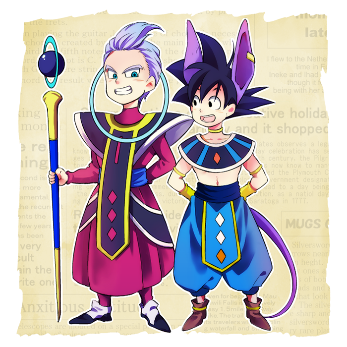 2boys arms_behind_back beerus beerus_(cosplay) black_eyes black_hair blue_eyes cosplay dragon_ball dragon_ball_z_kami_to_kami dragonball_z egyptian_clothes happy looking_at_another male_focus multiple_boys open_mouth purple_hair robe rochiko_(bgl6751010) simple_background smile son_goten spiky_hair staff trunks_(dragon_ball) whis whis_(cosplay) white_background