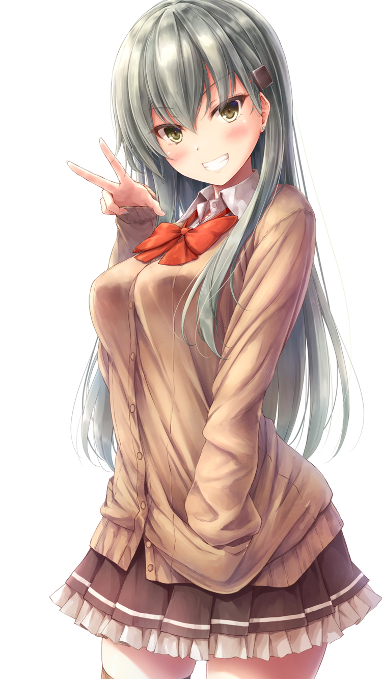 1girl aqua_hair blush bow bowtie breasts brown_blazer brown_jacket brown_legwear brown_skirt frilled_skirt frills from_side green_eyes grin hand_in_pocket highres jacket kantai_collection long_hair long_sleeves looking_at_viewer medium_breasts pleated_skirt red_neckwear remodel_(kantai_collection) shirt simple_background skirt smile solo straight_hair striped striped_skirt suien suzuya_(kantai_collection) thigh-highs upper_body v white_background white_shirt
