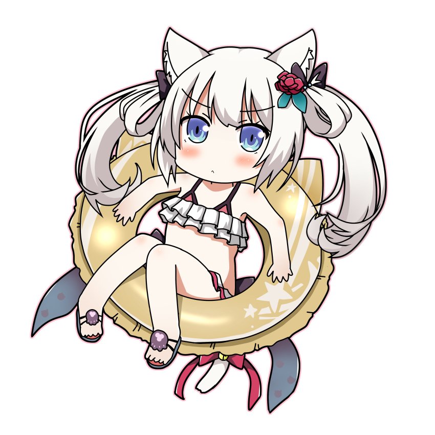 1girl animal_ears azur_lane bell blue_eyes bow cat_ears cat_tail chibi commentary_request hammann_(azur_lane) innertube long_hair looking_at_viewer midriff minami_(colorful_palette) ribbon sandals simple_background solo tail tail_bell tail_bow tail_ribbon twintails white_background white_hair