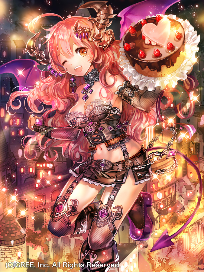 :d bangs black_skirt boots breasts brown_footwear cake chocolate choker city cleavage demon_girl demon_horns demon_tail food fruit garter_straps hair_between_eyes high_heel_boots high_heels horns jewelry light_particles long_hair looking_at_viewer medium_breasts microskirt midriff navel necklace night official_art one_eye_closed open_mouth orange_eyes outdoors pink_hair rioka_(southern_blue_sky) seisen_cerberus skirt smile strawberry tail