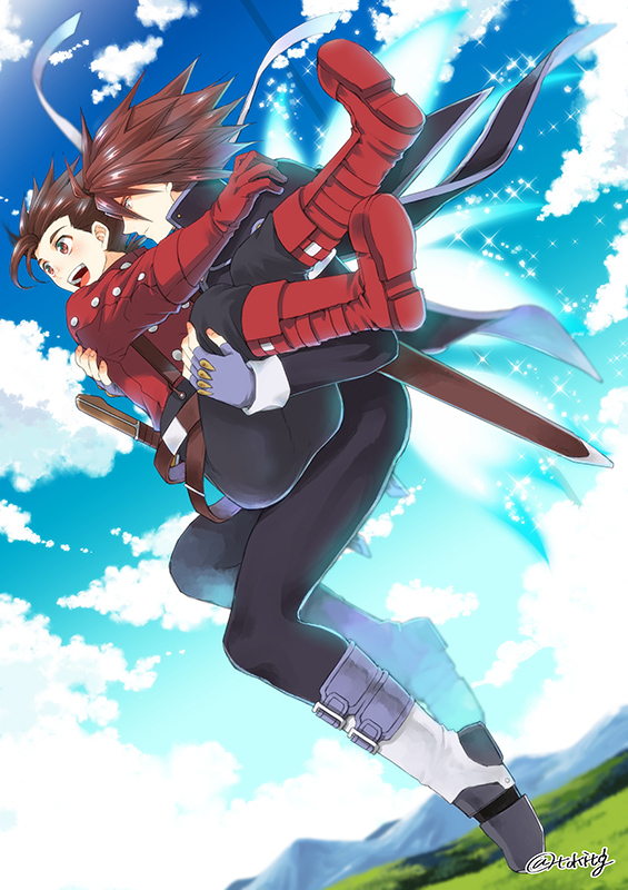 2boys :d belt black_pants blue_gloves boots brown_eyes brown_hair carrying clouds fingerless_gloves gloves knee_boots kratos_aurion lloyd_irving male_focus multiple_boys open_mouth pants princess_carry red_footwear red_gloves red_shirt shirt sky smile spiky_hair suspenders tales_of_(series) tales_of_symphonia teeth tktg wings