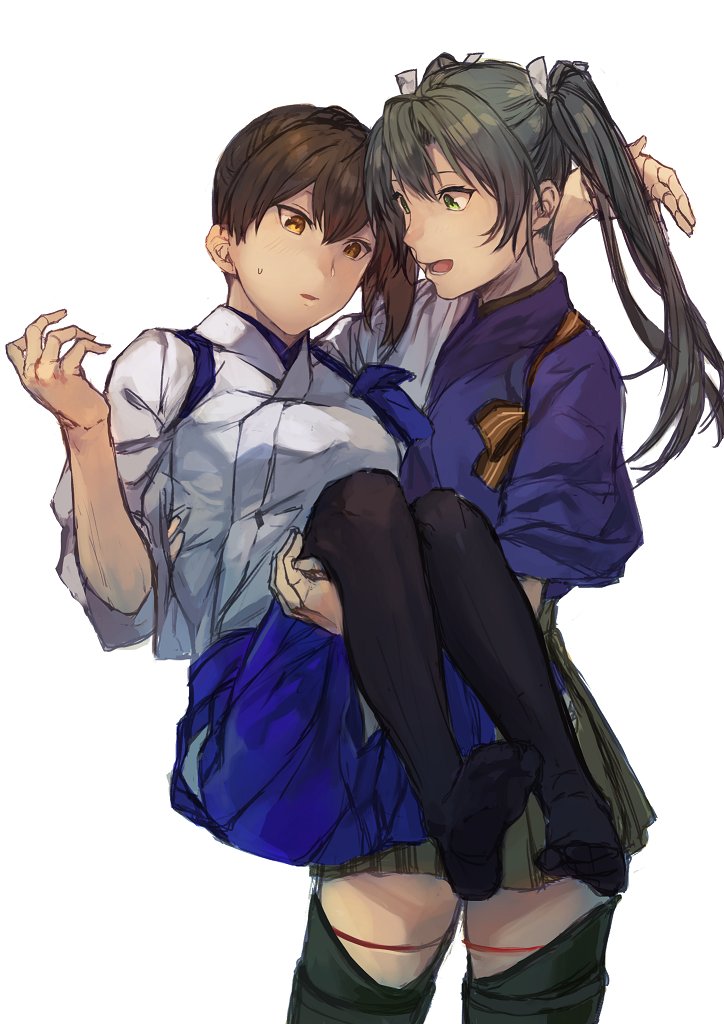 2girls black_legwear blue_hakama brown_eyes brown_hair commentary_request fukazaki green_eyes green_hair green_hakama hair_between_eyes hakama hakama_skirt japanese_clothes kaga_(kantai_collection) kantai_collection long_hair multiple_girls open_mouth remodel_(kantai_collection) short_sleeves side_ponytail simple_background smile tasuki thigh-highs twintails white_background zuikaku_(kantai_collection)