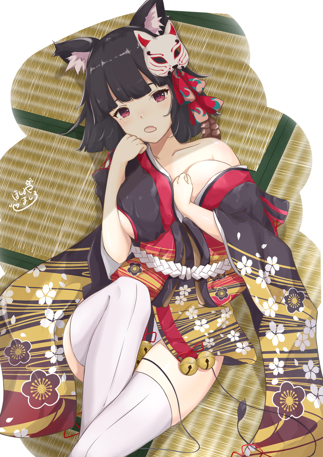 1girl animal_ears azur_lane bell black_hair breasts cat_ears cat_mask cleavage collarbone commentary_request highres hoshimiya_mashiro japanese_clothes large_breasts looking_at_viewer lying mask mask_on_head on_back open_mouth red_eyes short_hair solo tatami thigh-highs white_legwear yamashiro_(azur_lane) zettai_ryouiki
