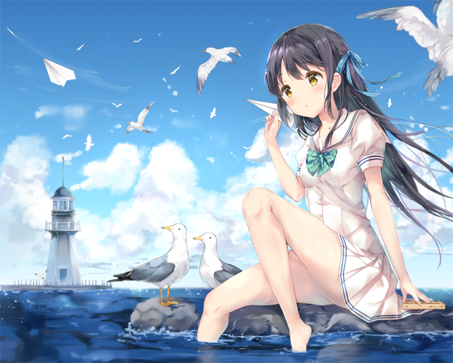 1girl arm_at_side bangs bare_legs barefoot bird black_hair blue_ribbon blush bow bowtie building clouds dress eyebrows_visible_through_hair green_bow green_neckwear hair_ribbon horizon leg_up lighthouse long_hair ocean original outdoors paper_airplane puffy_short_sleeves puffy_sleeves ribbon rock sailor_dress school_uniform seagull serafuku short_sleeves sitting soaking_feet solo suihi tareme water white_dress yellow_eyes