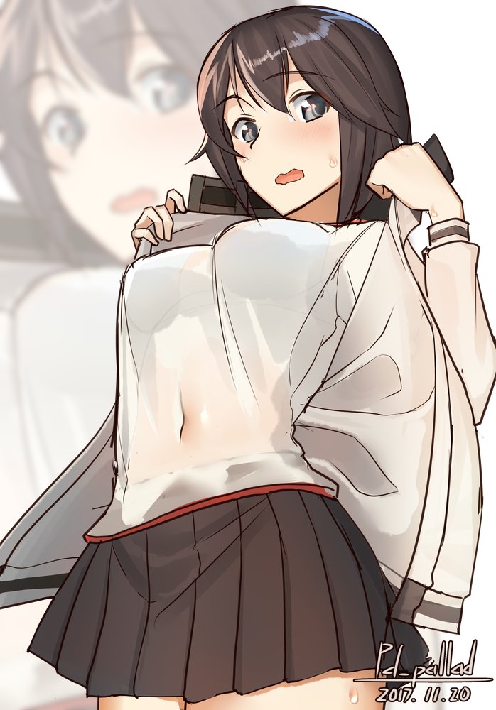 1girl artist_name black_skirt blush bra breasts brown_hair covered_navel cowboy_shot dated from_below grey_eyes gym_shirt hayasui_(kantai_collection) jacket kantai_collection long_sleeves looking_at_viewer medium_breasts miniskirt pallad pleated_skirt see-through shirt short_hair simple_background skirt solo track_jacket underwear white_background
