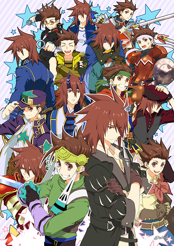 6+boys armor ashley_winchester ashley_winchester_(cosplay) black_coat blue_gloves blue_jacket boned_meat brown_gloves brown_hair character_request circlet cosplay crossed_arms eating eizen_(tales) eizen_(tales)_(cosplay) food glasses gloves green_headband green_shirt hat holding holding_sword holding_weapon horns jacket kratos_aurion lloyd_irving meat multiple_boys multiple_persona purple_hat scar scarf shield shirt spiky_hair sword tales_of_(series) tales_of_berseria tales_of_rebirth tales_of_symphonia tktg tytree_crowe tytree_crowe_(cosplay) weapon white_headband wild_arms wild_arms_2