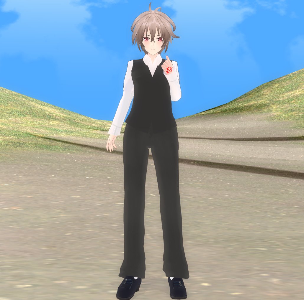 1boy 3d ahoge bangs black_footwear black_pants brown_hair command_spell commentary fate/apocrypha fate_(series) long_pants long_sleeves looking_at_viewer male_focus pants red_eyes sansei_gomesu shirt shoes short_hair sieg_(fate/apocrypha) solo solo_focus waistcoat white_shirt