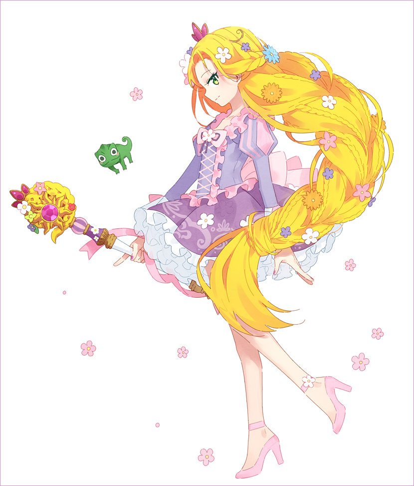1girl adapted_costume ankle_ribbon blonde_hair braid bubble_skirt chameleon disney flower green_eyes hair_flower hair_ornament hakusai_(tiahszld) high_heels long_hair looking_at_viewer magical_girl parted_lips pascal_(tangled) rapunzel_(disney) ribbon simple_background skirt smirk staff tangled very_long_hair white_background