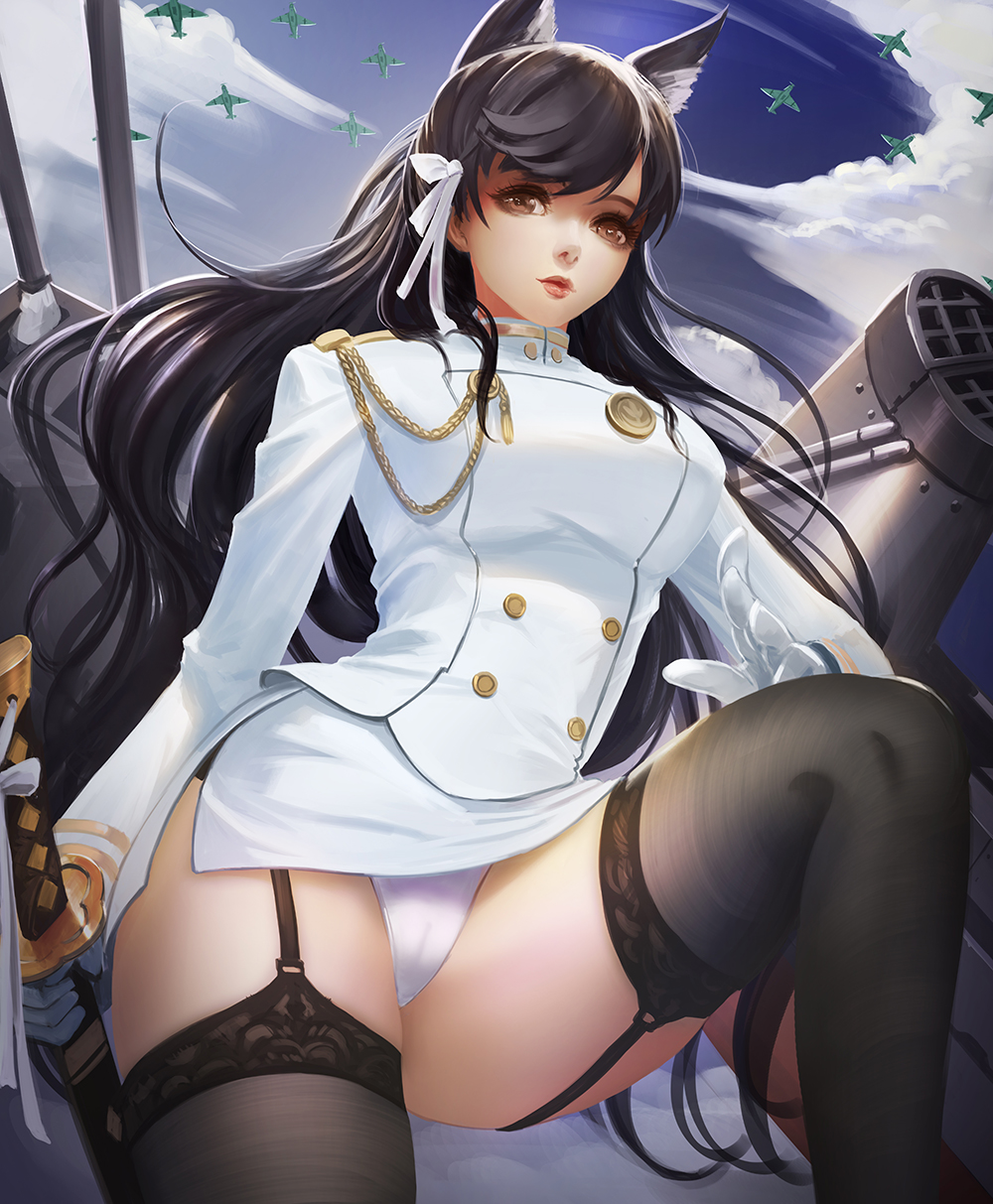 1girl aiguillette aircraft airplane animal_ears atago_(azur_lane) azur_lane bangs black_hair black_legwear breasts brown_eyes day from_below garter_straps gloves hair_ribbon highres holding holding_sword holding_weapon katana kaze_no_gyouja large_breasts leg_up lips long_hair long_sleeves looking_at_viewer looking_down machinery miniskirt panties ribbon sheath sheathed skirt solo swept_bangs sword thigh-highs turret underwear upskirt very_long_hair weapon white_gloves white_panties white_ribbon white_skirt