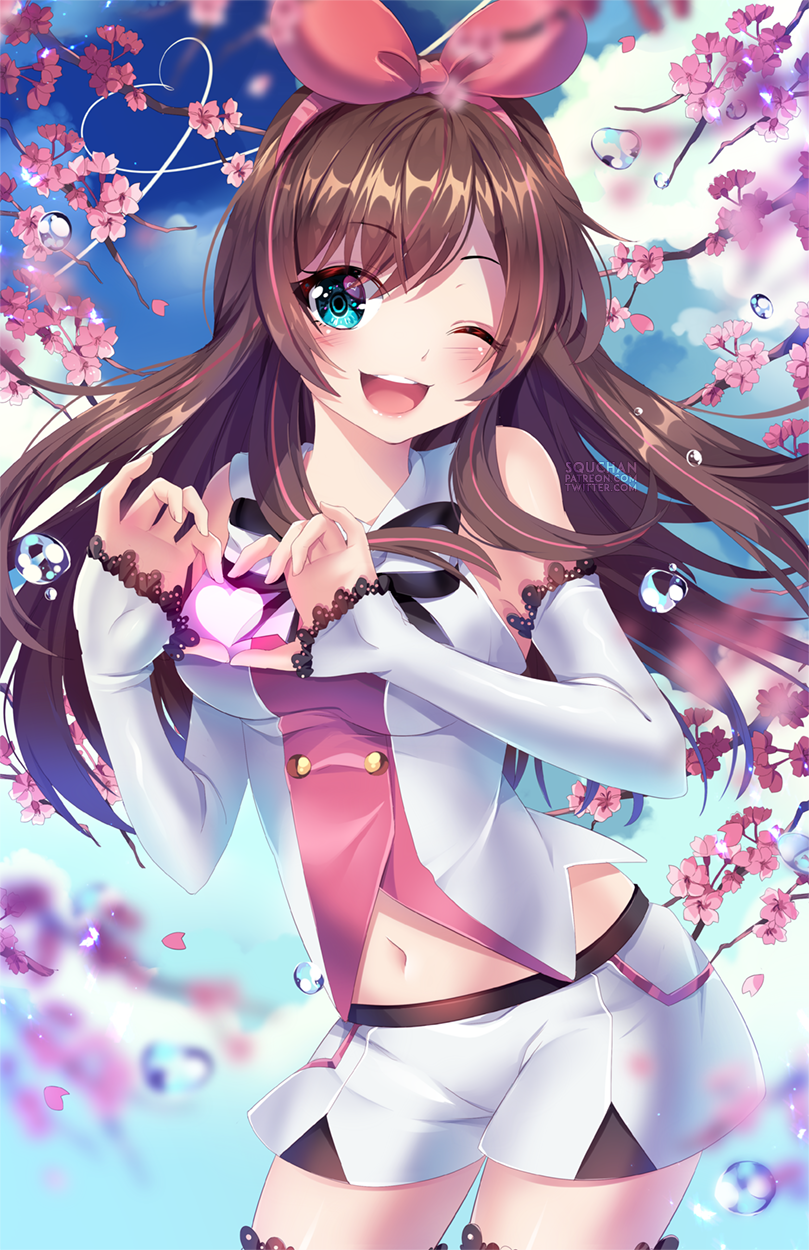 1girl ;d a.i._channel artist_name bare_shoulders black_ribbon blue_eyes blue_sky blurry blush breasts brown_hair cherry_blossoms cowboy_shot day depth_of_field detached_sleeves eyebrows_visible_through_hair hair_ribbon heart heart_hands heart_of_string highres kizuna_ai long_hair long_sleeves looking_at_viewer medium_breasts multicolored_hair navel neck_ribbon one_eye_closed open_mouth outdoors pink_hair pink_ribbon ribbon round_teeth shirt sky sleeves_past_wrists smile solo squadra standing stomach tareme teeth two-tone_hair water water_drop white_shirt