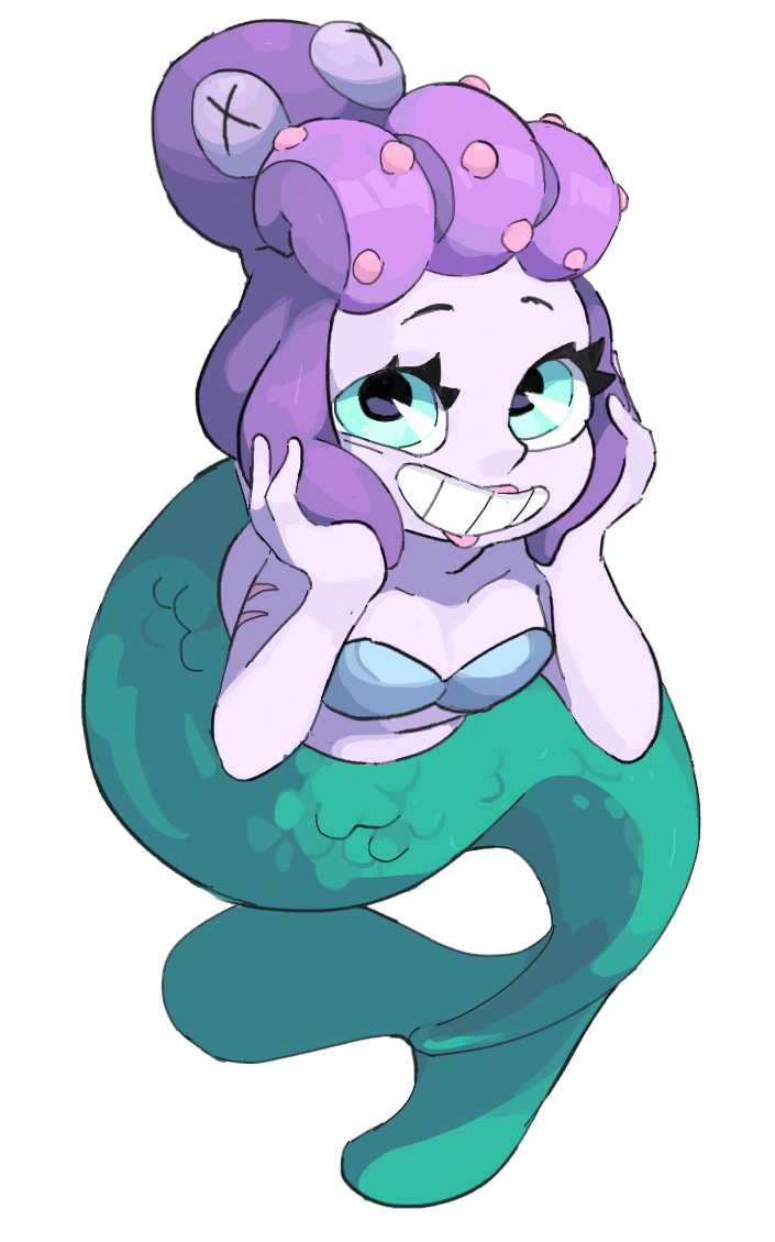 1girl :d blue_eyes breasts cala_maria_(cuphead) cleavage cuphead_(game) eyelashes full_body giantess kundroid leaning_forward lipstick looking_at_viewer makeup mermaid monster_girl navel open_mouth purple_hair shell shell_bikini simple_background smile solo teeth tentacle_hair white_background white_skin x_x