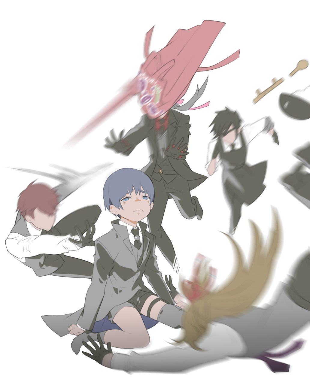 5boys apron azuki_nagamitsu_(touken_ranbu) black_gloves black_hair blonde_hair blue_hair crying daihannya_nagamitsu_(touken_ranbu) gloves highres holster kenshin_kagemitsu kouryuu_kagemitsu motion_blur multiple_boys running shokudaikiri_mitsutada shorts silver_hair simple_background thigh_holster throwing touken_ranbu white_background