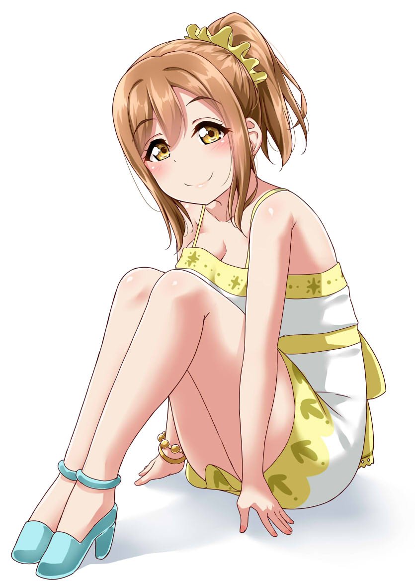 1girl alternate_hairstyle ankle_strap bangs bare_legs blue_footwear blush bracelet breasts brown_eyes brown_hair cleavage commentary_request dress eyebrows_visible_through_hair high_heels jewelry knees_up kunikida_hanamaru looking_at_viewer love_live! love_live!_sunshine!! ponytail sash scrunchie shadow sidelocks sitting smile solo spaghetti_strap sundress white_background yellow_scrunchie yopparai_oni