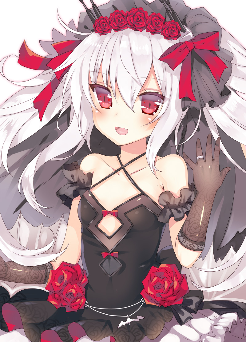 1girl :d azur_lane black_gloves collarbone commentary_request detached_sleeves elbow_gloves fang flower frilled_skirt frills gloves jewelry long_hair looking_at_viewer open_mouth red_eyes red_rose remodel_(azur_lane) ring rose simple_background skirt smile solo sumomo_(peach-breath) twintails vampire_(azur_lane) veil wedding_band white_hair