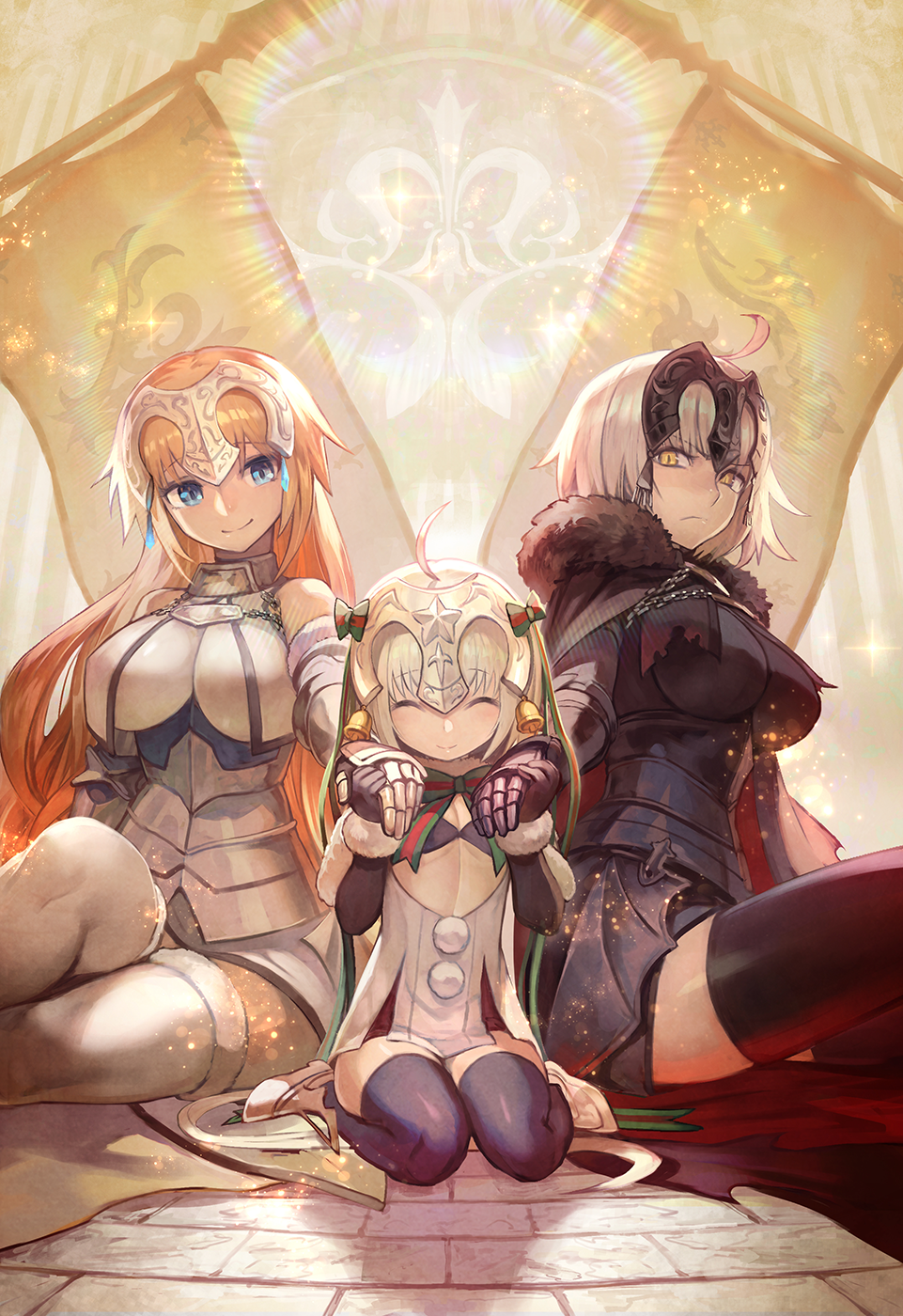 3girls ahoge armor armored_dress bangs bare_shoulders black_bra black_dress black_legwear blonde_hair blue_eyes blue_legwear boots bow bowtie bra breasts cape chains child closed_mouth dress elbow_gloves eyebrows_visible_through_hair fate/grand_order fate_(series) frown fur_trim gauntlets gloves gorget green_neckwear hand_holding headpiece highres jeanne_d'arc_(alter)_(fate) jeanne_d'arc_(fate) jeanne_d'arc_(fate)_(all) jeanne_d'arc_alter_santa_lily lack large_breasts looking_at_viewer multiple_girls multiple_persona pom_pom_(clothes) short_hair silver_hair sitting small_breasts smile thigh-highs torn_cape torn_clothes underbust underwear wariza white_dress white_footwear white_legwear yellow_eyes