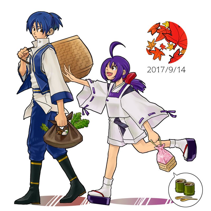 1boy 1girl ahoge artist_request bag bakumatsu_rouman basket blue_hair cup fangs food ichijou_akari kaede_(bakumatsu_rouman) lunchbox onmyouji purple_hair sheath shorts size_difference spoon tea teacup