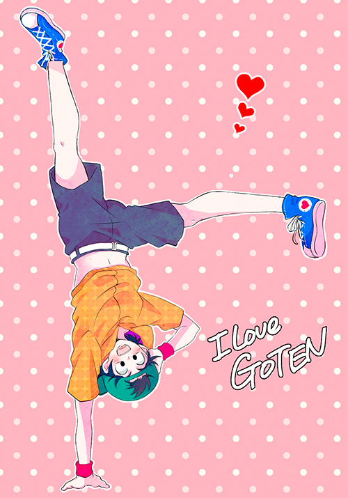 1boy :d bare_legs baseball_cap belt black_eyes black_hair blue_footwear blush character_name dragon_ball dragonball_z halftone hand_on_own_head handstand happy hat heart lace-up_shoes male_focus navel open_mouth orange_shirt pink_background rochiko_(bgl6751010) shirt shoes short_hair shorts simple_background smile son_goten text upside-down white_background wristband