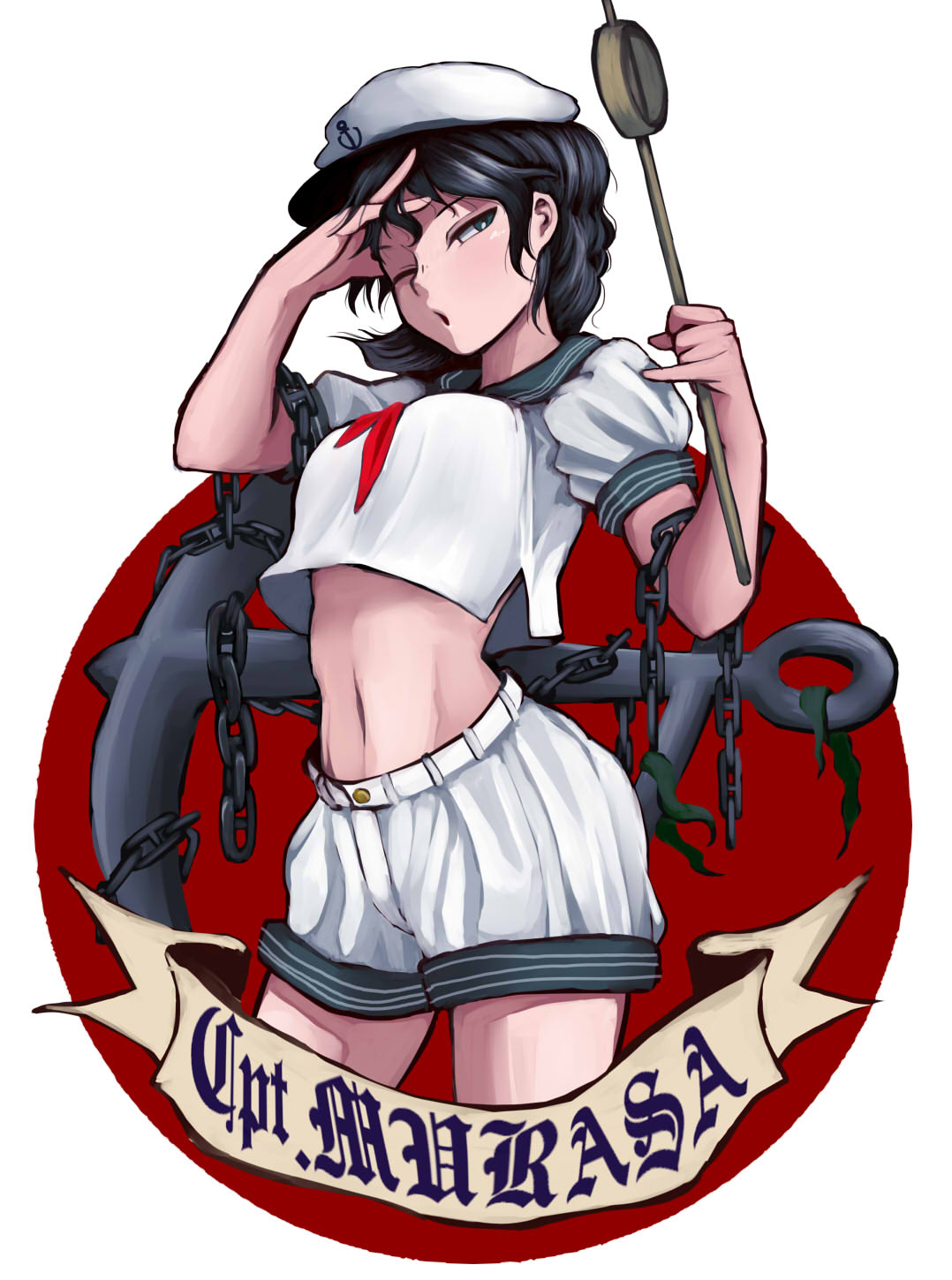 1girl ;o anchor belt black_hair breasts buttons chains character_name crop_top crop_top_overhang green_eyes hands_up hat highres holding looking_at_viewer medium_breasts midriff murasa_minamitsu neckerchief one_eye_closed opagi red_neckwear sailor_collar sailor_hat seaweed short_sleeves shorts simple_background solo standing touhou white_background white_hat white_shorts