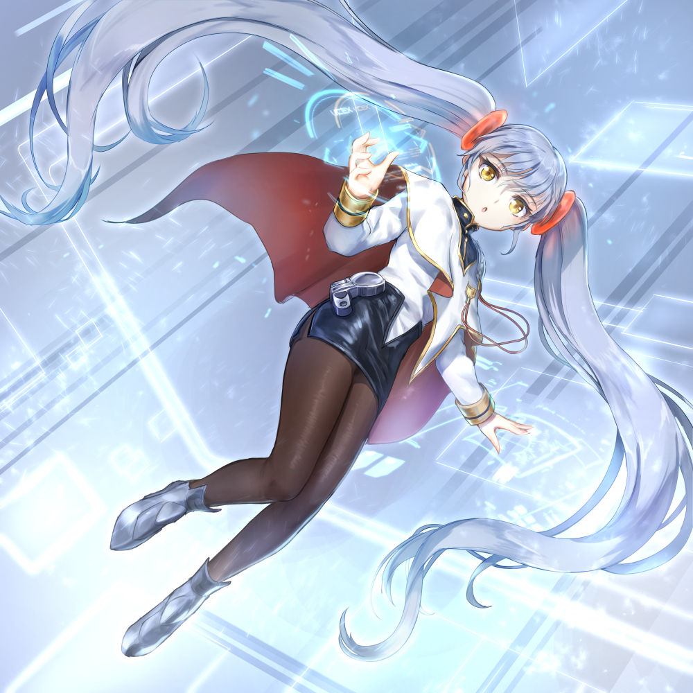 1girl black_legwear black_skirt boots brown_eyes cape hoshino_ruri kidou_senkan_nadesico long_hair military military_uniform observerz outstretched_arms pantyhose shirt silver_hair skirt solo twintails uniform very_long_hair white_cape white_shirt