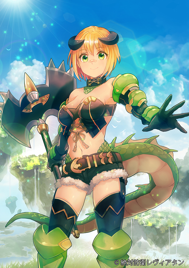 1girl axe bandaid bandaid_on_nose bare_shoulders belt black_bra black_gloves black_legwear black_shorts blonde_hair blue_sky boots bra breasts choker cleavage closed_mouth clouds copyright_name cowboy_shot day dragon_girl dragon_horns dragon_tail eyebrows_visible_through_hair floating_island gloves grass green_eyes green_footwear holding holding_weapon horns knee_boots lens_flare light_particles looking_at_viewer medium_breasts navel outdoors scales short_hair short_shorts shorts shutsuri sky smile solo standing sunlight tail thigh-highs underwear vambraces water waterfall watermark weapon zettai_bouei_leviathan