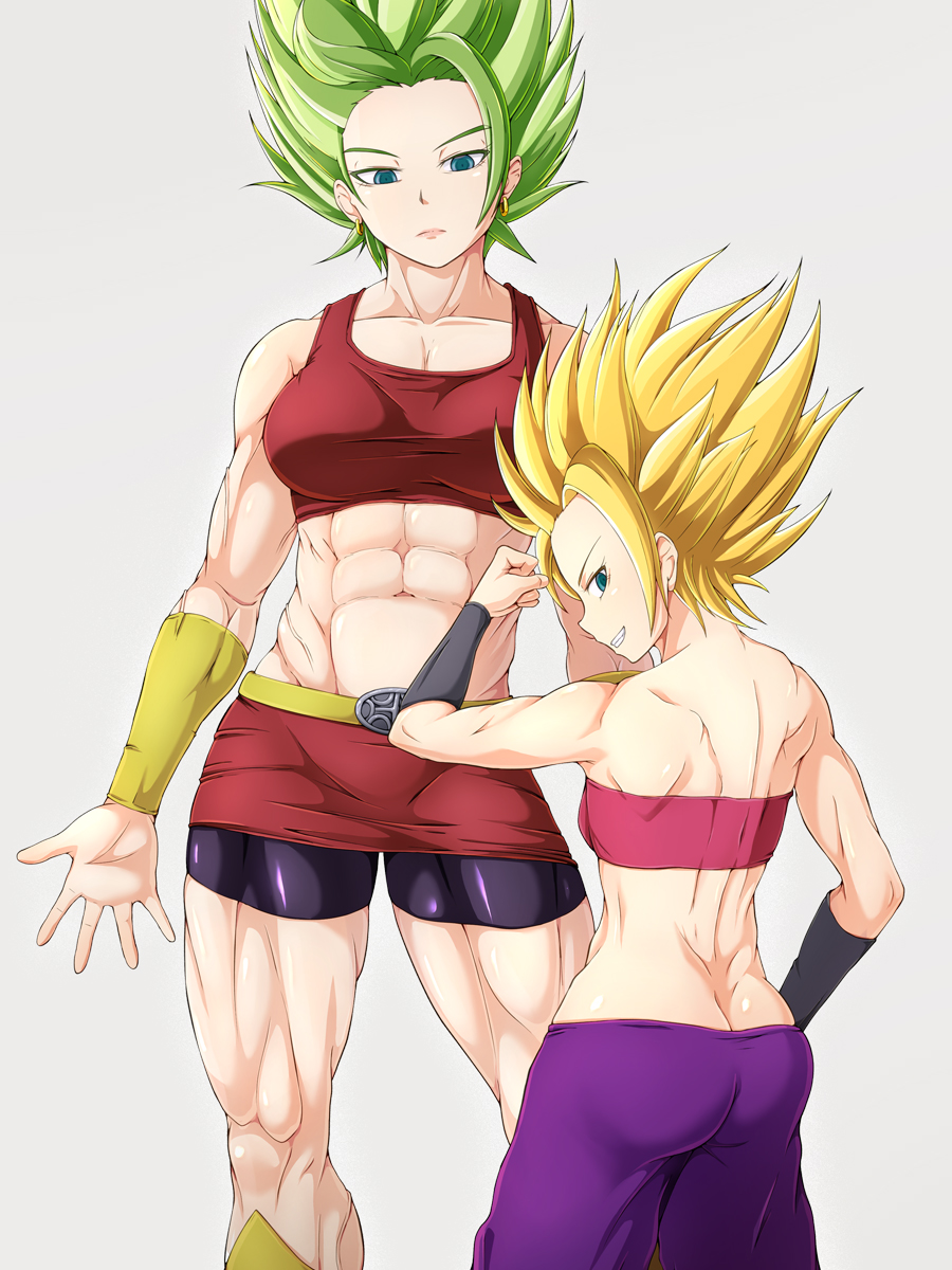 2girls abs back bike_shorts butt_crack caulifla dragon_ball dragon_ball_super highres kale_(dragon_ball) looking_at_viewer multiple_girls muscle muscular_female oshiza shorts_under_skirt simple_background skirt spiky_hair strapless super_saiyan thick_thighs thighs toned tubetop wristband