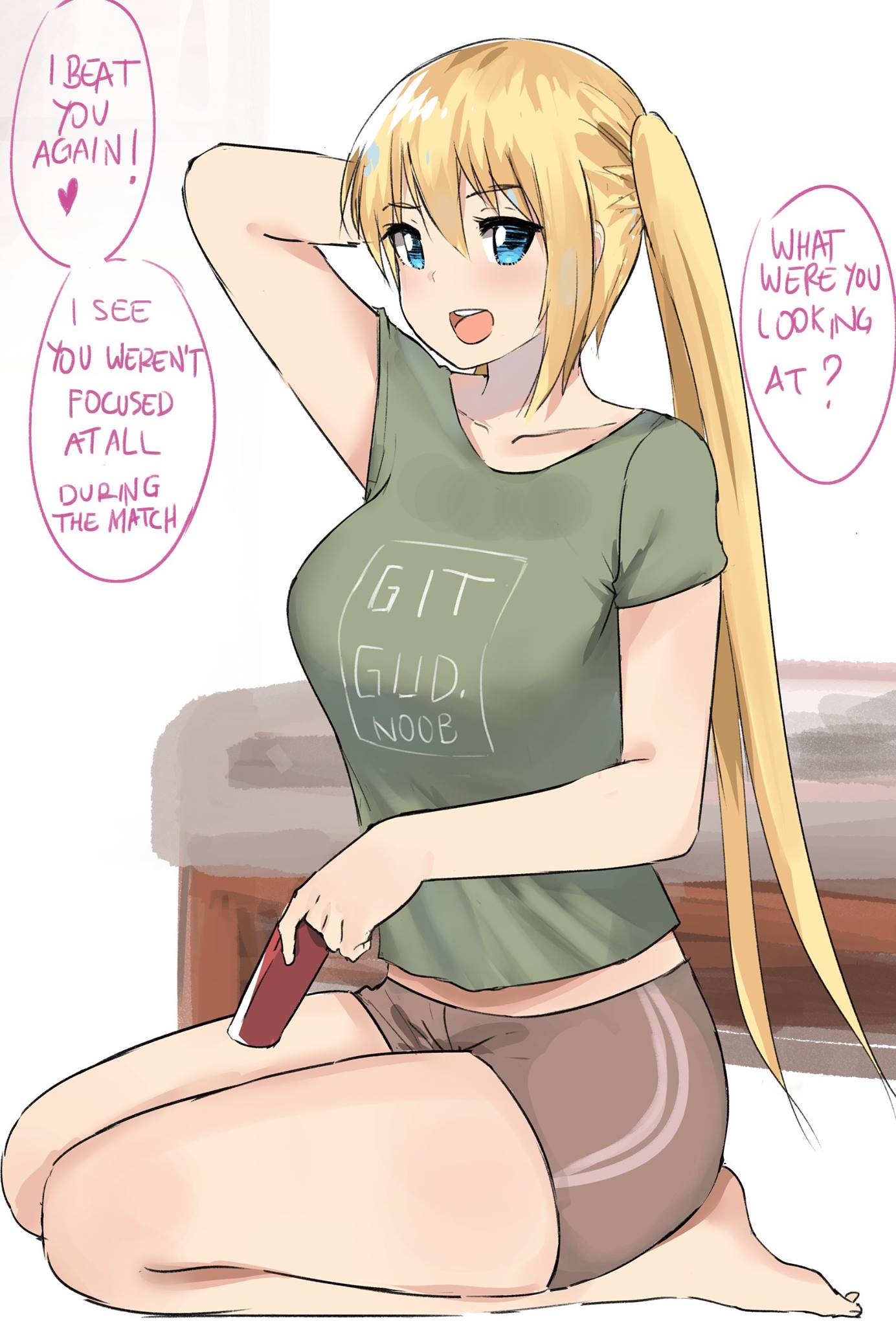 1girl :d barefoot blend_s blonde_hair blue_eyes breasts collarbone english green_shirt highres hinata_kaho large_breasts long_hair looking_at_viewer midriff norman_maggot open_mouth seiza shirt short_shorts short_sleeves shorts simple_background sitting smile solo t-shirt twintails white_background