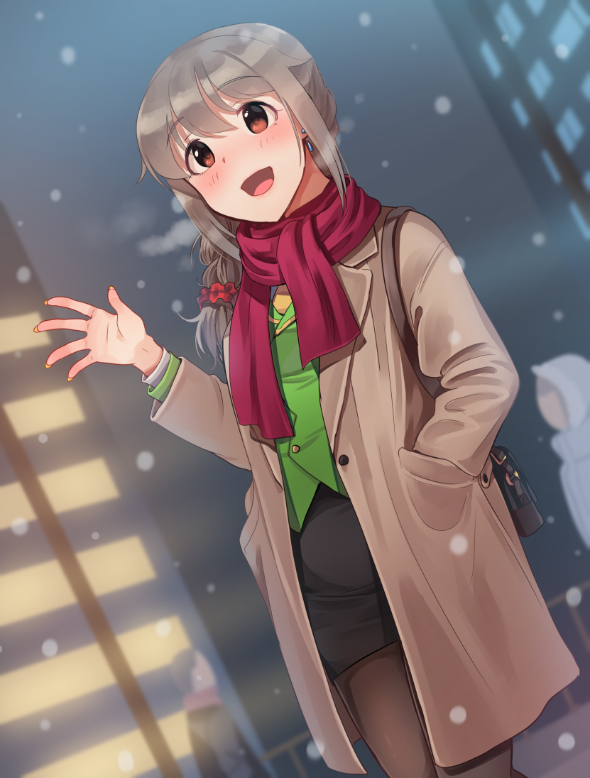 1girl black_legwear black_skirt blush brown_eyes brown_hair eyebrows_visible_through_hair idolmaster idolmaster_cinderella_girls kamille_(vcx68) looking_away medium_hair open_mouth pantyhose red_scarf scarf scrunchie senkawa_chihiro skirt smile snow snowing solo