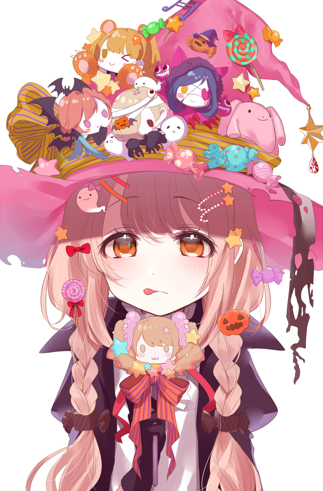 &gt;_o 1girl :q bat beamed_quavers black_bow bow braid brown_bow brown_eyes brown_hair brown_ribbon candy_hair_ornament character_doll closed_mouth fang_out food_themed_hair_ornament futaba_anzu hair_bow hair_ornament halloween hand_up hat hat_bow hat_ribbon hayasaka_mirei highres holding_lollipop idolmaster idolmaster_cinderella_girls jack-o'-lantern jack-o'-lantern_hair_ornament jougasaki_mika jougasaki_rika long_hair moroboshi_kirari musical_note one_eye_closed ribbon shirasaka_koume sinsihukunokonaka solo striped striped_bow stuffed_animal stuffed_bunny stuffed_toy tareme tongue tongue_out twin_braids witch_hat