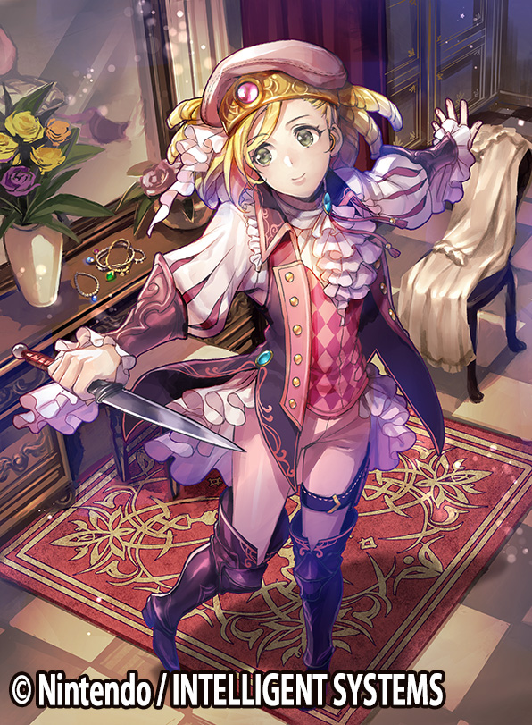 1boy beret blonde_hair boots bracelet dagger drill_hair fire_emblem fire_emblem_cipher fire_emblem_if flower foleo_(fire_emblem_if) furikawa_arika green_eyes hat jewelry leaf long_hair male_focus mirror official_art solo sparkle weapon