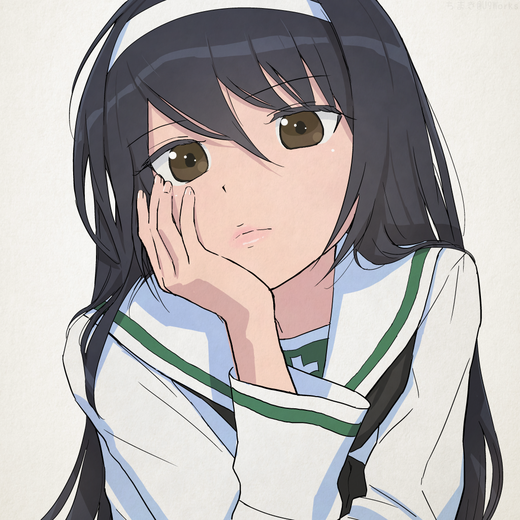 1girl black_hair brown_eyes chimaki_(u9works) chin_rest girls_und_panzer hair_between_eyes hairband hand_on_own_cheek long_hair looking_at_viewer ooarai_school_uniform portrait reizei_mako school_uniform serafuku sketch solo twitter_username white_background white_hairband