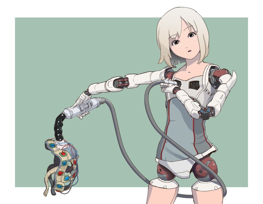 1girl android blonde_hair cable holding mechanical_parts original short_hair simple_background solo sukabu