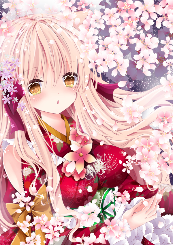 1girl animal_ears bangs blonde_hair blush breasts cat_ears cherry_blossoms eyebrows_visible_through_hair fingernails floral_print green_ribbon hair_between_eyes hair_ribbon japanese_clothes kimono long_hair long_sleeves looking_at_viewer medium_breasts nanase_kureha nanase_nao obi original parted_lips pink_flower print_kimono purple_ribbon red_kimono ribbon sash sky solo star_(sky) starry_sky very_long_hair wide_sleeves yellow_eyes