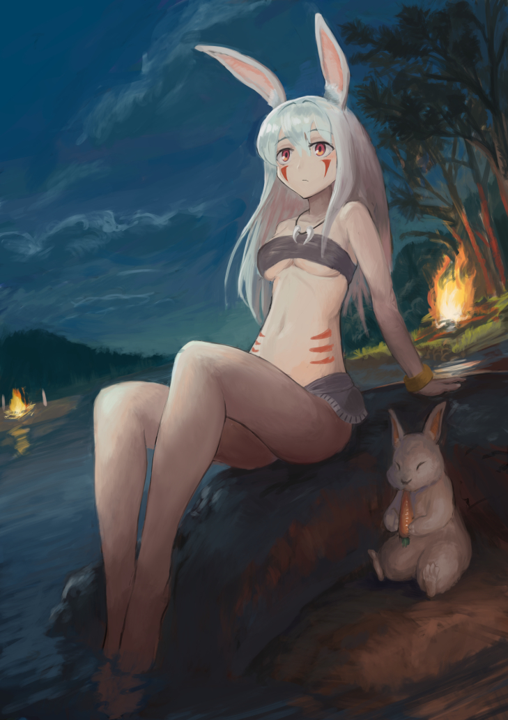 1girl animal_ears bandeau breasts carrot clouds eating facial_mark fire jewelry looking_up medium_breasts microskirt necklace night original outdoors rabbit rabbit_ears red_eyes sitting skirt sky soaking_feet tree under_boob water white_hair yagihachi