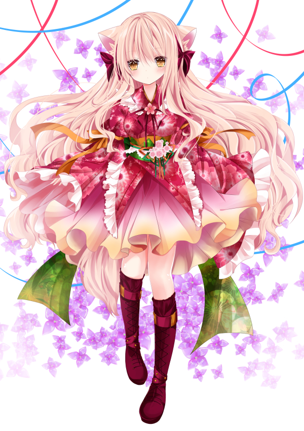 1girl animal_ears bangs blonde_hair boots bow cat_ears closed_mouth cross-laced_footwear eyebrows_visible_through_hair floral_background floral_print frilled_kimono frilled_sleeves frills full_body hair_between_eyes hair_bow head_tilt japanese_clothes kimono knee_boots lace-up_boots long_hair long_sleeves looking_at_viewer nanase_kureha nanase_nao obi orange_ribbon original print_kimono purple_bow purple_flower purple_footwear purple_ribbon red_kimono ribbon sash solo standing standing_on_one_leg very_long_hair white_background wide_sleeves yellow_eyes