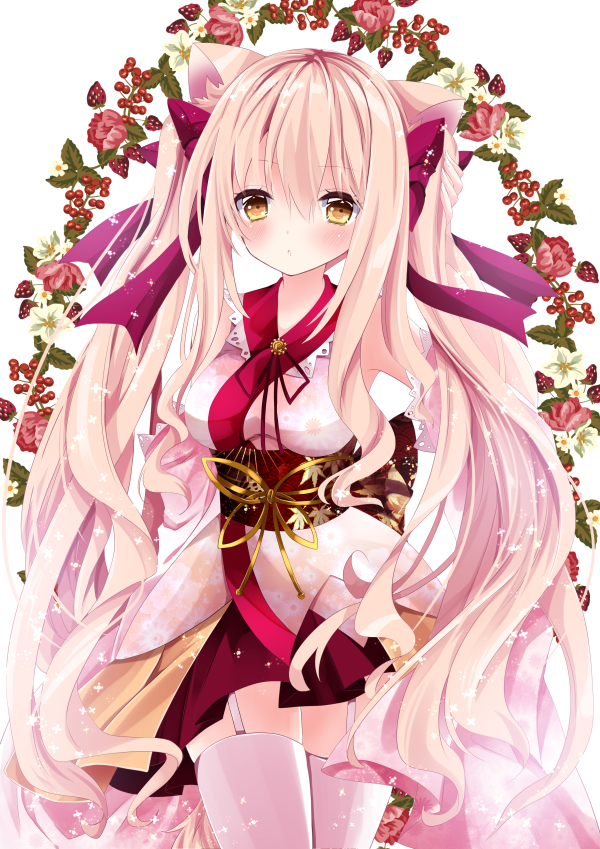 1girl animal_ears bangs blonde_hair blush bow cat_ears cowboy_shot detached_sleeves eyebrows_visible_through_hair floral_background floral_print garter_straps hair_between_eyes hair_bow hands_in_sleeves head_tilt japanese_clothes kimono long_hair looking_at_viewer nanase_kureha nanase_nao original parted_lips pink_kimono pleated_skirt print_kimono purple_bow red_skirt short_kimono sidelocks skirt solo thigh-highs twintails very_long_hair white_background white_legwear wide_sleeves yellow_eyes