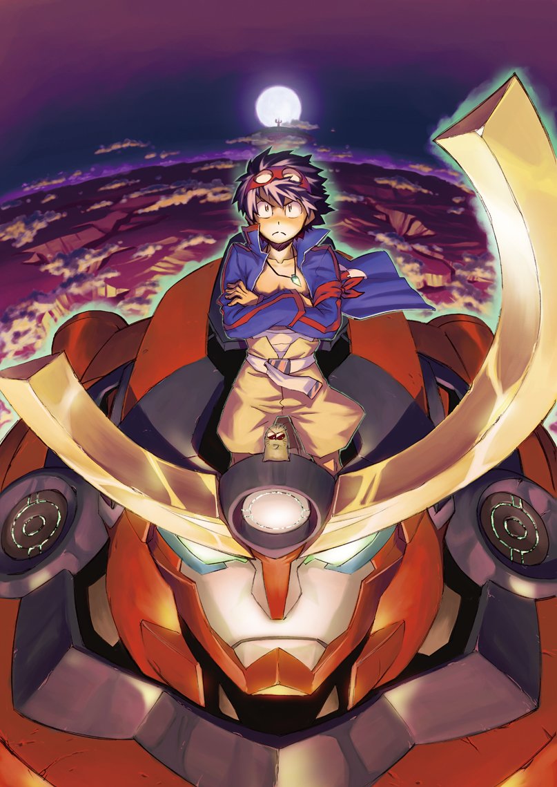 1boy boota crossed_arms frown goggles goggles_on_head gunbuster_pose gurren-lagann mecha moon mori_kotarou shorts standing tengen_toppa_gurren_lagann wind